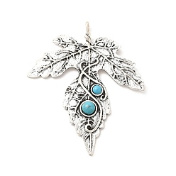 Antique Silver Retro Alloy Big Pendants, with Synthetic Turquoise, Leaf Charms, Antique Silver, 64x53x5mm, Hole: 4x3mm