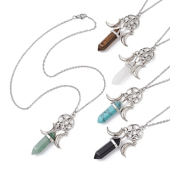 Mixed Stone Natural & Synthetic Mixed Gemstone Bullet Pendant Necklace, Alloy Moon & Star Woven Net Necklace, 17.52 inch(44.5cm)