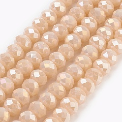 PeachPuff Electroplate Glass Beads Strands, Imitation Jade Glass, Full Rainbow Plated, Faceted, Rondelle, PeachPuff, 6x4~5mm, Hole: 0.8~1mm, about 88~92pcs/strand, 15.5 inch~16 inch(39~45cm)