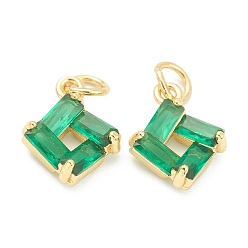 Lime Green Brass Cubic Zirconia Pendants, Real 18K Gold Plated, with Jump Rings, Square, Lime Green, 13x10x4mm, Hole: 3.5mm
