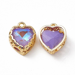 Tanzanite Heart K9 Glass Charms, Faceted, with Light Gold Tone Brass Edge, Tanzanite, 14.5x12x5.5mm, Hole: 1.6mm