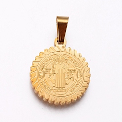 Golden 304 Stainless Steel Pendants, Flat Round with Saint Benedict, Golden, 21x18x2mm, Hole: 6.5x4mm