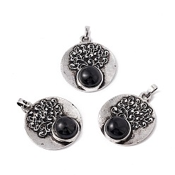 Obsidian Natural Obsidian Alloy Pendants, Lead Free & Cadmium Free, Antique Silver, Flat Round with Tree, 28.5x24.5x6.5mm, Hole: 4x3.5mm