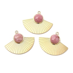 Rhodonite Ion Plating(IP) 316 Stainless Steel Pendants, Natural Rhodonite Fan Charms, Faceted, Real 24K Gold Plated, 19x24x4mm, Hole: 1.6mm
