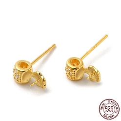 Real 18K Gold Plated Barrel 925 Sterling Silver Micro Pave Cubic Zirconia Stud Earring Findings, for Half Drilled Beads, with S925 Stamp, Real 18K Gold Plated, 8.5x4.5mm, Pin: 0.8mm and 11x0.7mm