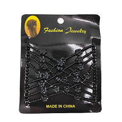 Black Steel Hair Bun Maker, Stretch Double Hair Comb, with Glass & Acrylic Beads, Flower, Black, 75x85mm