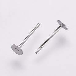 Stainless Steel Color 304 Stainless Steel Stud Earring Settings, Flat Pad Earring Post, Flat Round, Stainless Steel Color, Tray: 4mm, 12x4mm, Pin: 0.7mm