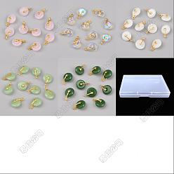 Mixed Color 50Pcs 5 Colors Glass Imitation Gemstone Pendants, Flat Round Charm, with Alloy, Golden, Mixed Color, 17x12x7.5mm, Hole: 2mm, 10pcs/color