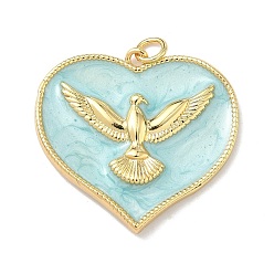 Темно-Голубой Латунь эмаль подвески, Сердце с подвесками в виде голубя, долговечный, без кадмия и без свинца, стойки покрытие, реальный 18 k позолоченный, глубокое синее небо, 28.5x30x3.5 мм, Перейти кольцо: 5x1 мм, внутренний диаметр: 3 мм