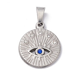 Stainless Steel Color 304 Stainless Steel Pendants, with Rhinestone, Flat Round with Horse Eye, Stainless Steel Color, 22x18.5x2mm, Hole: 6.5x3mm