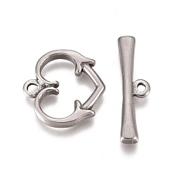 Stainless Steel Color 304 Stainless Steel Toggle Clasps, Heart, Stainless Steel Color, Heart: 15.3x15.5x2.3mm, Hole: 1.6mm, Bar: 6x21.2x2.4mm, Hole: 1.5mm