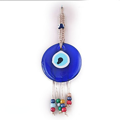 Royal Blue Flat Round with Evil Eye Glass Tassel Pendant Decorations, Braided Hemp Rope Hanging Ornaments, with Random Color Wooden Beads, Royal Blue, 180x60mm