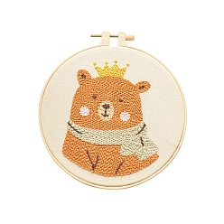 Bear Animal Theme DIY Display Decoration Punch Embroidery Beginner Kit, Including Punch Pen, Needles & Yarn, Cotton Fabric, Threader, Plastic Embroidery Hoop, Instruction Sheet, Bear, 155x155mm