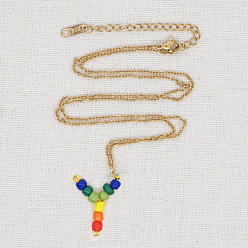 GZ-N200012Y Handmade Rainbow Beaded Couples Necklace with Stainless Steel Lock Pendant - 26 Alphabet Letters for Beach Vacation