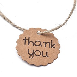 Tan Thank You Paper Gift Tags, Hang Tags, with Jute Twine, for Wedding Thanksgiving, Flat Round, Tan, 4x0.01cm, Hole: 3.5mm, 100pcs/set, Jute Twine: about 51~52cm
