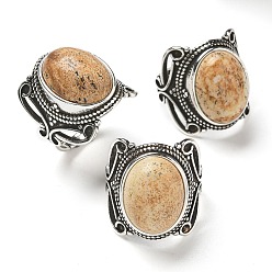 Пейзажный Джаспер Регулируемые кольца из яшмы с натуральным рисунком, без свинца и без кадмия, старинные посеребренные латунные перстни для женщин, овальные, 20.5 мм, внутренний диаметр: 17 мм