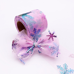 Pearl Pink 25 Yards Christmas Polyester Deco Mesh Ribbon, Hot Stamping Snowflake Tulle Fabric, for Bowknot Making, Pearl Pink, 60mm