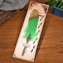 Green Feather Quill Pen, Vintage Feather Dip Ink Pen, Zinc Alloy Pen Stem Writing Quill Pen Calligraphy Pen As Christmas Birthday Gift, Green, 25~30cm