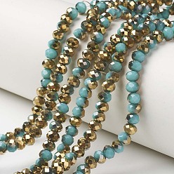 Deep Sky Blue Electroplate Opaque Glass Beads Strands, Half Golden Plated, Faceted, Rondelle, Deep Sky Blue, 8x6mm, Hole: 1mm, about 72pcs/strand, 16.14 inch(41cm)