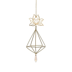 Golden Quartz Crystal & Brass Pendant Decorations, with Iron Findings, Lotus Flower, Golden, 365mm, Pendants: 200x76mm