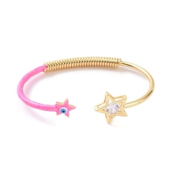 Hot Pink Enamel Star with Evil Eye Open Cuff Bangle with Clear Cubic Zirconia, Real 18K Gold Plated Brass Jewelry for Women, Hot Pink, Inner Diameter: 2-5/8 inch(6.6cm)