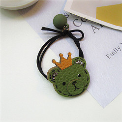 Green Cute Bear Crown Pendant Elastic Hair Band - Leather, Rhinestone, Ball, Children's Hair Accessories.