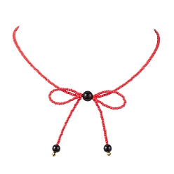 Red Glass Seed Pendants Necklaces for Women, Bowknot, Red, 15.94 inch(40.5cm)