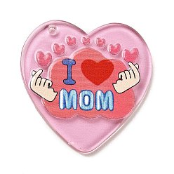 Hot Pink Mother's Day Printed Transparent Acrylic Pendants, Heart with I Love Mom, Hot Pink, 38x36.5x2.5mm, Hole: 1.8mm