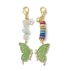 Lime Green Butterfly Alloy Enamel Pendants Decoraiton, Natural Prehnite Chip & Lava Rock Beads and Lobster Claw Clasps Charm, Lime Green, 81~83mm, 2pcs/set