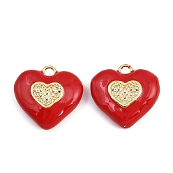 Красный Латунные микро проложить кубического циркония подвески, сердце, с эмалью, реальный 18 k позолоченный, без кадмия и без свинца, стойки покрытие, долговечный, красные, 19x20x6 мм, отверстие : 2 мм
