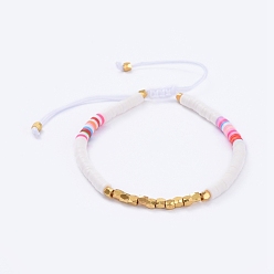 PapayaWhip Adjustable Braided Bead Bracelets, with Handmade Polymer Clay Heishi Beads and Brass Beads, PapayaWhip, 2-3/8 inch~3-5/8 inch(6~9.2cm)