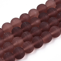 Coconut Brown Transparent Glass Beads Strands, Frosted, Round, Coconut Brown, 9.5~10mm, Hole: 1.5mm, about 41~42pcs/strand, 14.88~15.12 inch(37.8~38.4cm)