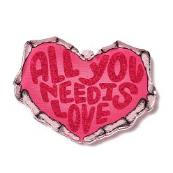 Hot Pink Valentine's Day Printed Acrylic Pendants, Heart with Word "ALL YOU NEED IS LOVE", Hot Pink, 29.5x39.5x2.5mm, Hole: 1.6mm