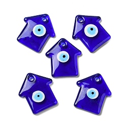 Blue Handmade Evil Eye Lampwork Pendants, House Charm, Blue, 42.5x38.5x6mm, Hole: 4.5mm