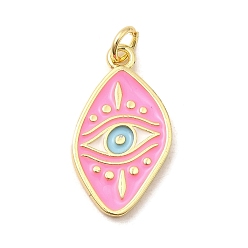 Pink Латунные эмалевые подвески от сглаза, Очарование лошадиных глаз, без свинца и без кадмия, долговечный, стойки покрытие, реальный 18 k позолоченный, розовые, 22.5x13x2 мм, отверстие : 3.4 мм