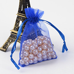 Bleu Sacs-cadeaux en organza avec cordon de serrage, pochettes à bijoux, fête de mariage sacs-cadeaux de faveur de noël, bleu, 9x7 cm