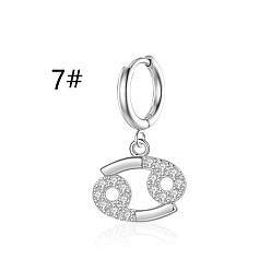 Cancer Clear Cubic Zirconia Constellation Dangle Hoop Earrings, 304 Stainless Steel Jewelry for Women, Stainless Steel Color, Cancer, 6mm