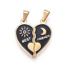 Golden 304 Stainless Steel Split Pendants, with Enamel, Heart with Moon & Sun, with Word, Golden, 36x31x2.5mm, Hole: 9x5mm, One side: 36x16x2.5mm, Another side: 36x15x2.5mm