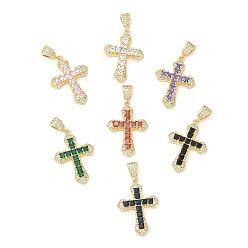 Mixed Color Rack Plating Brass Pendants, Glass with Cubic Zirconia, Lead Free & Cadmium Free, Long-Lasting Real 18K Gold Plated, Cross, Mixed Color, 32.5x23x5mm, Hole: 4x2.5mm