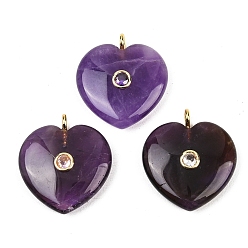 Аметист Подвески из натурального аметиста , Подвески в форме сердца с фурнитурой из латуни, инкрустированной микрофибровыми циркониями (случайного цвета)., золотые, 27~28x25x7.5~8 мм, отверстие : 2.5 мм