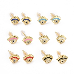 Mixed Color Cubic Zirconia Evil Eye Stud Earrings with Enamel, Gold Plated Brass Jewelry for Women, Cadmium Free & Lead Free, Mixed Color, 7.5x10mm, Pin: 0.8mm