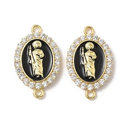 Черный Латунный микропаве прозрачный кубический цирконий эмалированный овал с подвесками-соединителями Saint Jude, реальный 18 k позолоченный, стойки покрытие, без свинца и без кадмия, долговечный, чёрные, 27x16.5x4 мм, отверстие : 1.8 мм