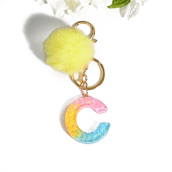 Letter C Resin Keychains, Pom Pom Ball Keychain, with KC Gold Tone Plated Iron Findings, Letter.C, 11.2x1.2~5.7cm