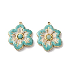 Средний Бирюзовый Крашеные натуральный белый нефрит подвески, 304 подвески-цветы из нержавеющей стали с эмалью, реальный 18 k позолоченный, вакуумное покрытие pvd, средне бирюзовый, 26x21.5x3.5 мм, отверстие : 1.4 мм