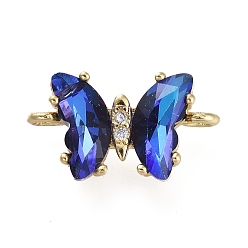 Medium Blue Glass Links Connectors, with Brass Micro Pave Cubic Zirconia, Faceted, Butterfly, Light Gold, Medium Blue, 8x14x5mm, Hole: 1.2mm