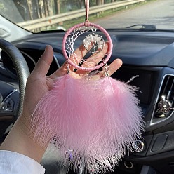 Pink Web with Feather Pendant Decorations, Glass Tree of Life for Interior Car Mirror Hanging Decorations, Pink, 180mm