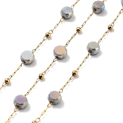 Slate Gray 304 Stainless Steel Handmade Beaded Chain, with Electroplated Glass, with Spool, Soldered, Real 18K Gold Plated, Flat Round, Slate Gray, 5.5x5.5x3.5mm, about 16.40 Feet(5m)/Roll