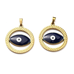 Midnight Blue Ion Plating(IP) 304 Stainless Steel Pendants, with Enamel, Flat Round with Evil Eye Charm, Golden, Midnight Blue, 28.5x25.5x3mm, Hole: 5x3.5mm