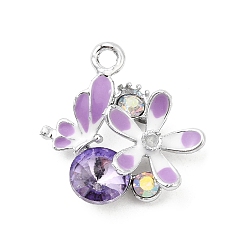 Фиолетовый Бархат Подвески из сплава и страза, стойки покрытие, цветок с бабочкой, платина, пурпурного бархата, 22x21x7 мм, отверстие : 2.5 мм