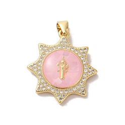 Pink Стойки обшивки латунь кубического циркония подвески, с эмалью и ракушкой, долговечный, без свинца и без кадмия, реальный 18 k позолоченный, солнце с девой марией, розовые, 25x22x5 мм, отверстие : 4x5 мм